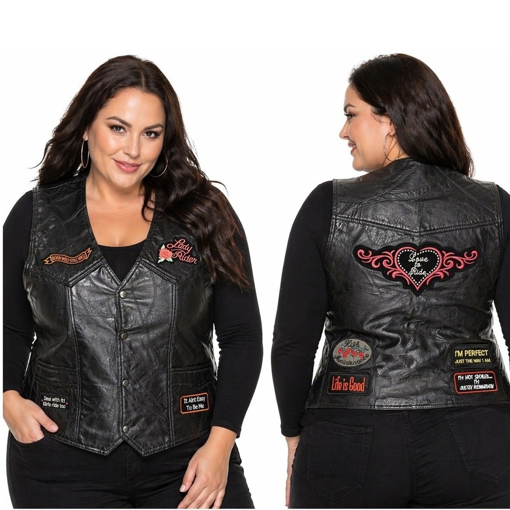 Diamond Plate Leather Biker Vest Womens 2X Black Patchwork Lady Rider Patches
